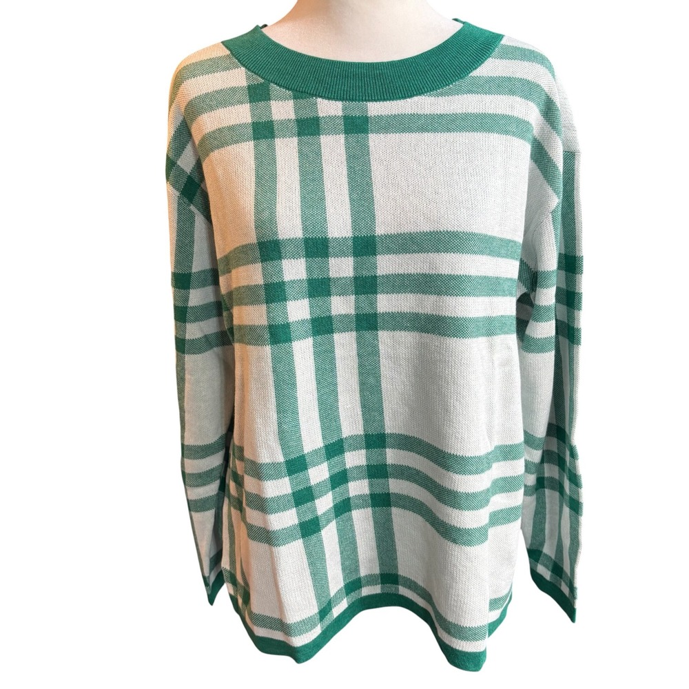 Lands End Green Plaid Crewneck Sweater Long Sleeve Knit Top Medium Petite #1187